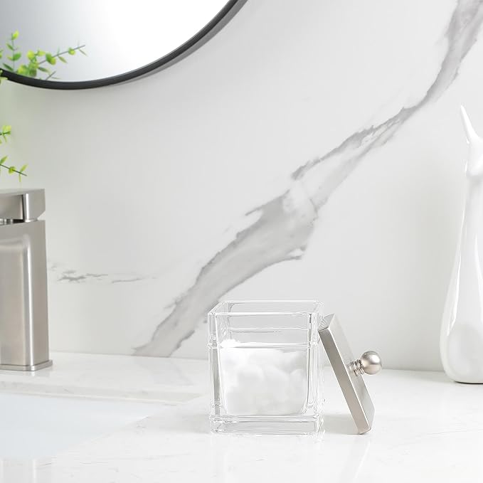 Indecor Home Apothecary Glass Cotton Jar Holder Brushed Nickel Stainless Steel Lid, Elegant Bathroom Storage Canister for Qtips, Cotton Balls, Floss, Makeup Organizer, Vanity Bathroom Organization