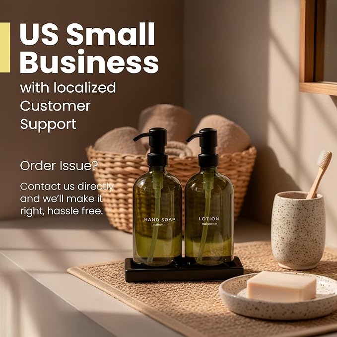 Maisonovo Kitchen Soap Dispenser Set | Hand and Dish Soap Dispenser Set with Handmade Ceramic Vanity Tray and 16 Waterproof Labels | Green Glass Bottles & Black Pumps