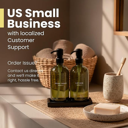 Maisonovo Kitchen Soap Dispenser Set | Hand and Dish Soap Dispenser Set with Handmade Ceramic Vanity Tray and 16 Waterproof Labels | Green Glass Bottles & Black Pumps