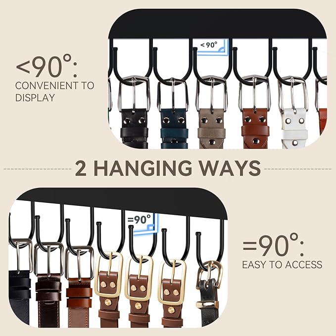 HOMEBROS Belt Hanger Wall Mount, Wooden Closet Belt Organizer with 24 Metal Hooks, Large Capacity, Black, 2 Pcs