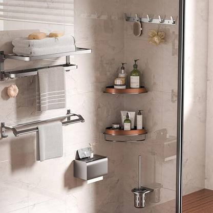 ZNYOPA 1 Pack Walnut Color Wall-Mounted Corner Caddy for Bathroom - No Drill Triangle Corner Storage Rack with Glue Accessories, Waterproof Vanity Organizer for Toiletries & Towels