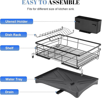 Oroonoko Extendable Dish Drying Rack,Large Drying Dish Drainer for Kitchen Counter, Stainless Steel Dish Strainer with Utensil Rack and Adjustable Feet for Sink