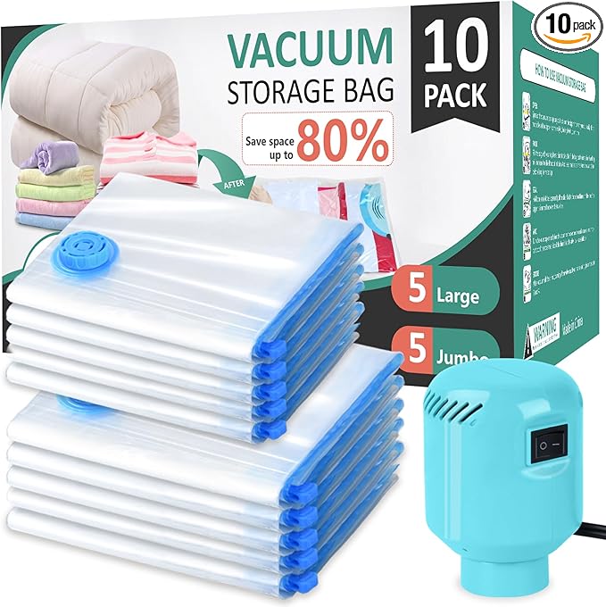 Morecoo Vacuum Storage Bags with Electric Pump & New Air Valve, 10 Pack Space Saver Bags (5 Jumbo/5 Large) for Clothes, Comforters, Blankets - Press & Pump Compression Bags for Travel Essentials
