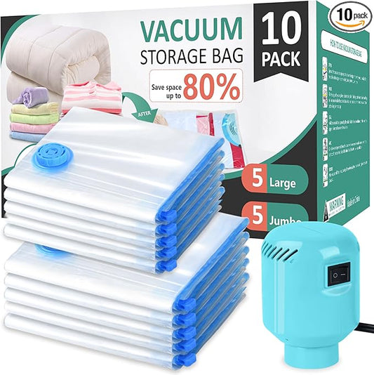 Morecoo Vacuum Storage Bags with Electric Pump & New Air Valve, 10 Pack Space Saver Bags (5 Jumbo/5 Large) for Clothes, Comforters, Blankets - Press & Pump Compression Bags for Travel Essentials