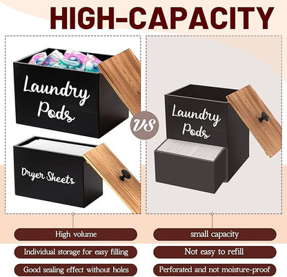 Dandat 3 Pcs Dryer Sheet Holder Laundry Pod Holder Scent Booster Container Set with Scoop Rustic Wood Dryer Sheet Container Laundry Beads Dispenser for Storage(Black)