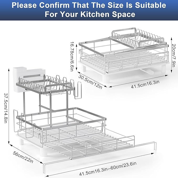 YEYPOP 2 Tier Expandable Dish Drying Rack, Stainless Steel Dish Rack w Drainboard, Large Dish Drainer for Kitchen Counter, w Cup Holder and Cutting Board Rack