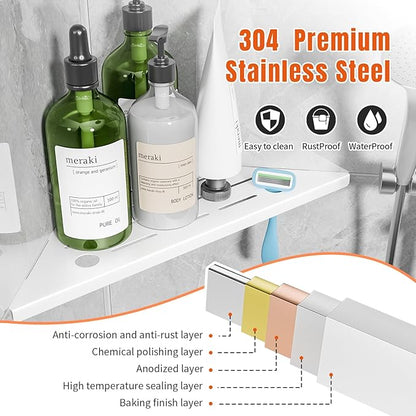 HBXS Corner Shower Shelf with Razor Hole, Rustproof Stainless Steel Shower Organizer, No Drilling Tile Shower Shelves, Modern Bathroom Shelf for Tile Wall, Grout in Shelf for Bathroom 2-Pack, 10"