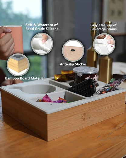 Couch Cup Holder Tray, Handy Silicone Bamboo Couch Caddy with Rotatable Phone Holder for Bed Car Seat Organizer, Waterproof Anti-Spill Sofa Cup Holder for Snacks Beverage Remote (White)