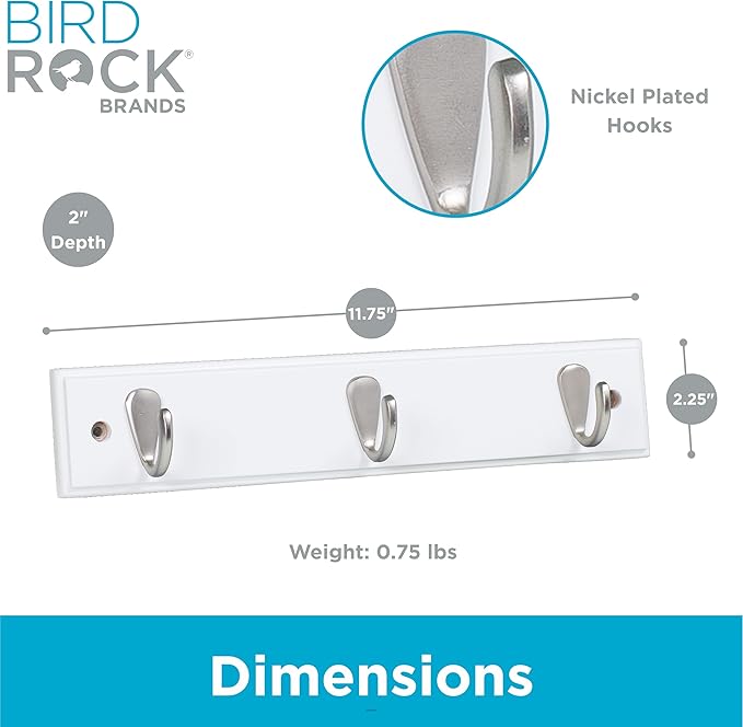 BIRDROCK HOME Modern 3 Hook Coat Rack | Wall Mounted Key Cap & Hat Rack | White Finish | Satin Nickel Hooks