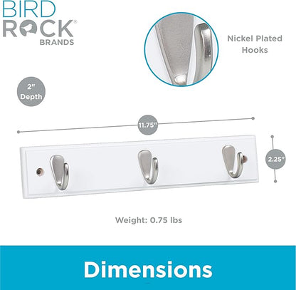 BIRDROCK HOME Modern 3 Hook Coat Rack | Wall Mounted Key Cap & Hat Rack | White Finish | Satin Nickel Hooks