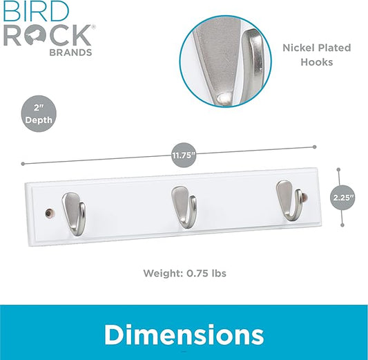BIRDROCK HOME Modern 3 Hook Coat Rack | Wall Mounted Key Cap & Hat Rack | White Finish | Satin Nickel Hooks