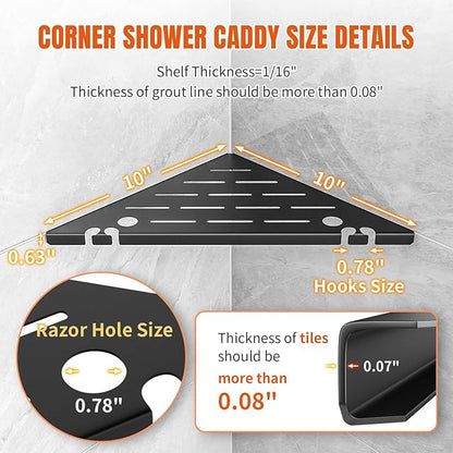 HBXS Shower Corner Shelf Organizer Rack with Hooks & Razor Hole, No Drilling Tile Shower Shelves, Rustproof Stainless Steel Bathroom Shelves Basket, Modern Corner Shelf for Bathroom, 2Pack-Black