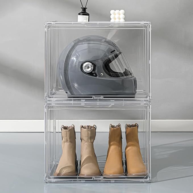 VGLXTRNT 2 Pack XXX-Large Clear Display Case 17.7" x 13" x 13" Extra Large Display Organizer Box with Magnetic Door, Stackable Acrylic Storage Bin for Boots, Shoes, Collectibles, Bags, Figures