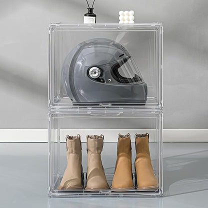 VGLXTRNT 2 Pack XXX-Large Clear Display Case 17.7" x 13" x 13" Extra Large Display Organizer Box with Magnetic Door, Stackable Acrylic Storage Bin for Boots, Shoes, Collectibles, Bags, Figures