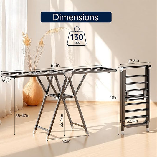 MIKEE Clothes Drying Rack,Foldable Laundry Drying Rack for Indoor & Outdoor Use，with Height-Adjustable Wings，2-Tier Clothes Rack with Windproof Hanging Holes and Wheels，132 lbs
