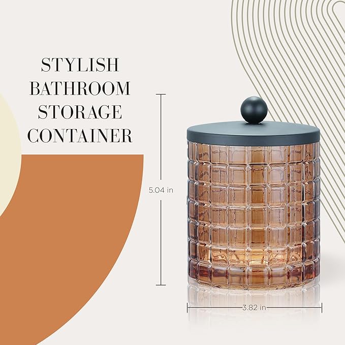 Indecor Home Amber Colored Tranlucent Apothecary Etched Geometric Grid Glass Jar W/Matte Black Metal Lid for Bathroom Organization, Cotton Balls, Q Tips, and Small Accessories, Bathroom Storage