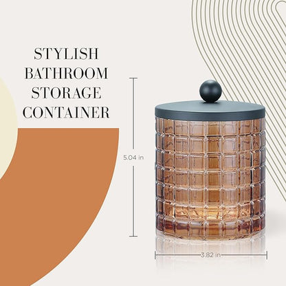 Indecor Home Amber Colored Tranlucent Apothecary Etched Geometric Grid Glass Jar W/Matte Black Metal Lid for Bathroom Organization, Cotton Balls, Q Tips, and Small Accessories, Bathroom Storage