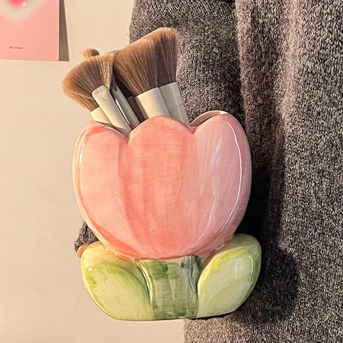 Pen Holder for Desk Cute Toothbrush Holder Tulips Vase Decor Aesthetic Pencil Holder for Office Makeup Brush Holder Yellow Kawaii Desk Accessories Home Decor Birthday Gifts for Women