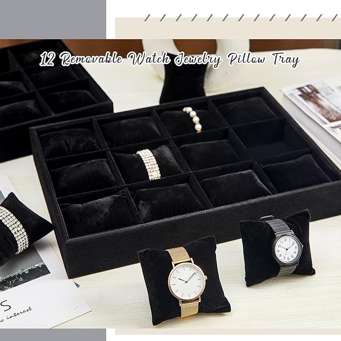 Henoyso 2 Pieces 12 Grid Velvet Watch Tray Jewelry Organizer Stackable Watch Bracelet Bangle Display Holder Adjustable Pillow(Black)