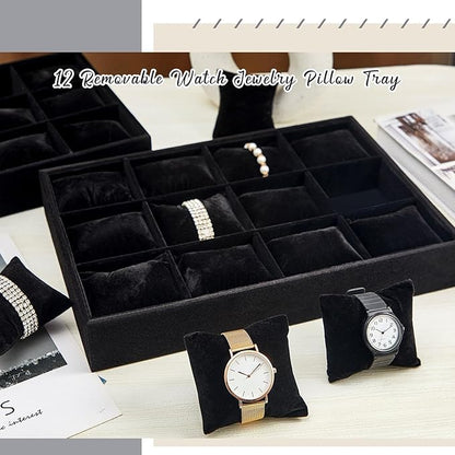 Henoyso 2 Pieces 12 Grid Velvet Watch Tray Jewelry Organizer Stackable Watch Bracelet Bangle Display Holder Adjustable Pillow(Black)