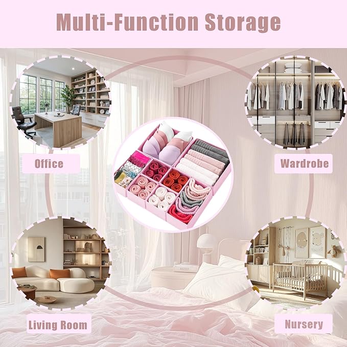 Mooisco 12 Pack Drawer Organizer Clothes, Fabric Closet Organizers and Storage, Foldable Cloth Storage Bins for Underwear Socks, Bra, Ties, Scarf, Belt, Hair Accessories, Pink