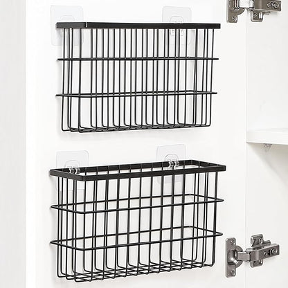 2 Pack Cabinet Door Organizer,Self Adhesive Lid Organizers Inside Cabinet Storage Boxes,Hanging Storage Basket Organizer Wall Mounted Pantry Caddy Cup Holder for Kitchen,Fridge,Bathroom (Black)