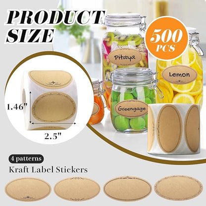 500 Pcs Mason Jar Labels, 2.5 Inch Oval Kraft Paper Sticker Labels for Canning, Food Storage, Pantry & Spice Jars, Gift Stickers, Waterproof, 4 Vintage Designs