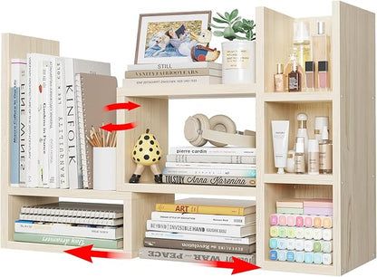 Desk Shelves Desktop Orgnizer Shlef - Natural Wood Tone Office Organization for Top of Desk Organizers and Accessories Corner Bookshelf Table Top Shelving Small Hutch Decorations for Office