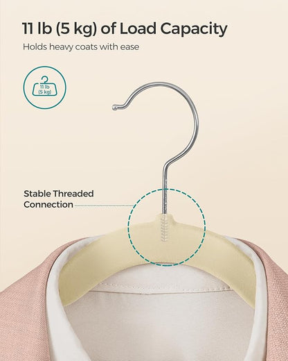 SONGMICS Velvet Hangers 100 Pack, Non-Slip Clothes Hangers with Shoulder Notches, Pants Bar, 360° Swivel Hook, Space-Saving, for Closet, Summer Sand UCRF029K100