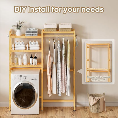 Over The Washer and Dryer Storage Shelf Bamboo,5 Tiers Laundry Room Drying Rack with Adjustable Shelves and 4 Hooks,Space Saver Organizer for Hanging Clothes and Towels (Natural)