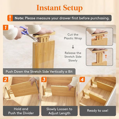 Lifewit 4 Pack 6" Deep Bamboo Drawer Dividers, 13-16.5" Expandable Drawer Organisers for Clothes, Adjustable Dresser Drawer Divider, Clothing Drawers Separators for Dresser, Bedroom, Bathroom, Office