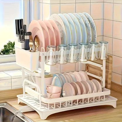 2-Tier Dish Drying Rack - Stainless Steel Dish Racks for Kitchen Counter, Space-Saving Kitchen Counter Organizer with Cutlery/Cup Holders & Draining Tray, Rustproof Multifunctional Drainer (White)