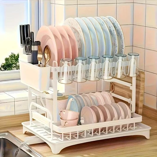 2-Tier Dish Drying Rack - Stainless Steel Dish Racks for Kitchen Counter, Space-Saving Kitchen Counter Organizer with Cutlery/Cup Holders & Draining Tray, Rustproof Multifunctional Drainer (White)