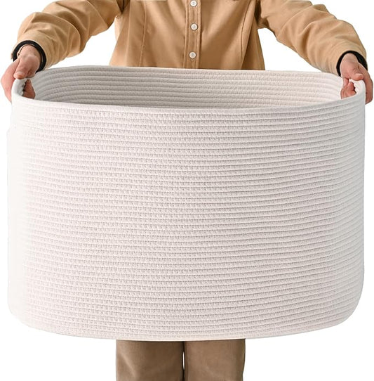 White Laundry Basket, Blanket Baskets for Living Room, Cotton Rope Baskets for Storage, Woven Basket for Blankets, Toys, Clothes, Shoes, White, 25”x16”x16” (105L)