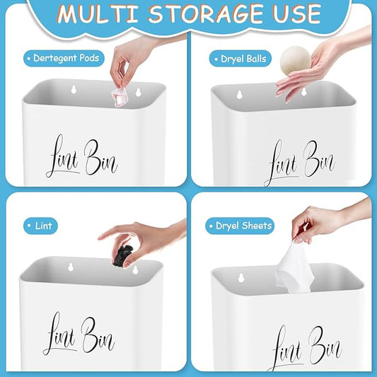 Sealegend Magnetic Lint Bin for Laundry Room with Dryer Lint Brush, Wall Mounted Trash Can Space-Saving Laundry Organization and Storage, White