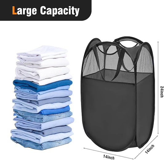 TECHMILLY Pop Up Foldable Laundry Basket, Mesh Laundry Hamper with Reinforced Handles for Dirty Clothes Storage in Dorm, Laundry Room, Bathroom, Black(Fabric), 2 Pack