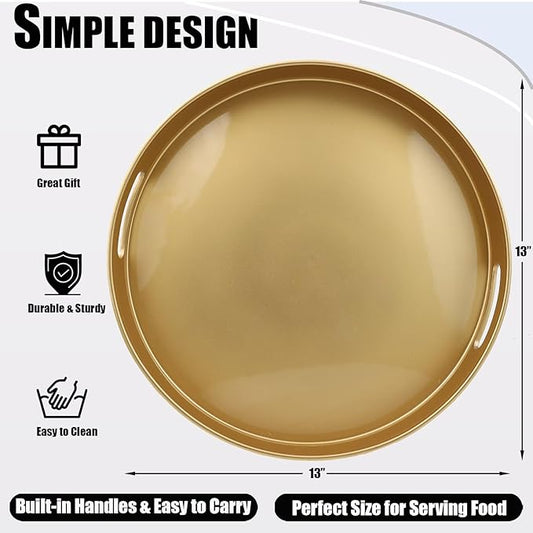 Gold Round Decorative Tray with Handles, 13" Elegant Coffee Table Serving Tray for Ottoman Living Room, Bathroom, Outdoors, Breakfast