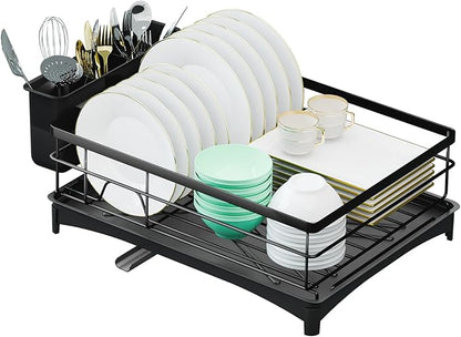Dish Drying Rack for Kitchen Counter - Rust-Resistant Kitchen Drying Rack with Removeable Cutlery Holder, Dish Drainer Organizer with Utensil Holder for Home Kitchen for Spoons and Forks, Black