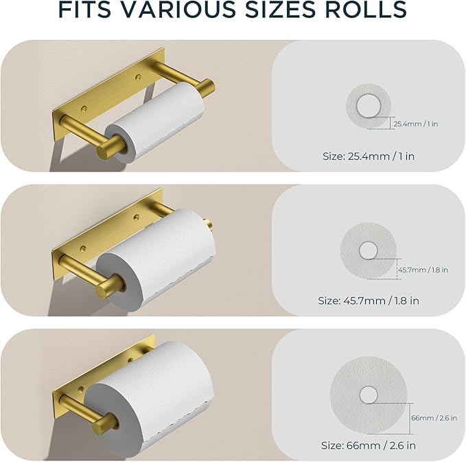 FORIOUS Toilet Paper Holder, Adhesive or Wall Mounted Options, Stainless Steel Rustproof Stick on no Drilling Double Post Pivoting Toilet Tissue Roll Holder Wall Mount for Bathroom, Brushed Gold