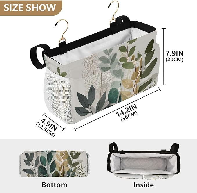 CuwrYet Bedside Caddy Hanging Bunk Bed Caddy Bed Organizer Hanging Pocket with 2 Hooks Bedside Storage Organizer Pocket Bag Holder Beige Boho Style Leaves