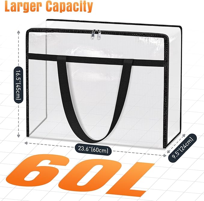 EdenDwell Clear Under Bed Storage Containers - 6 Pack Large Capacity Clothes Storage Bags with Lid & Sturdy Handles, Foldable Moving Bags, Clothing Organizer Totes for Bedding, Comforter, Sheet（60 L）