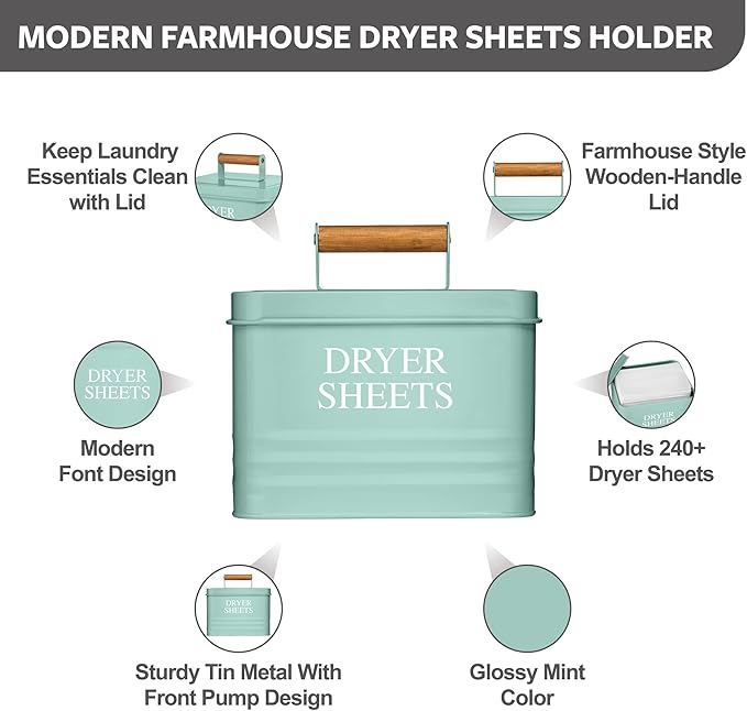 Calindiana Modern Farmhouse Metal Laundry Dryer Sheets Holder Fabric Softener Dispenser with Lid for Laundry Room Decor and Accessories and Space Saving Laundry Room Organization and Storage, Mint