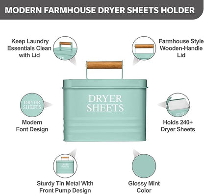Calindiana Modern Farmhouse Metal Laundry Dryer Sheets Holder Fabric Softener Dispenser with Lid for Laundry Room Decor and Accessories and Space Saving Laundry Room Organization and Storage, Mint