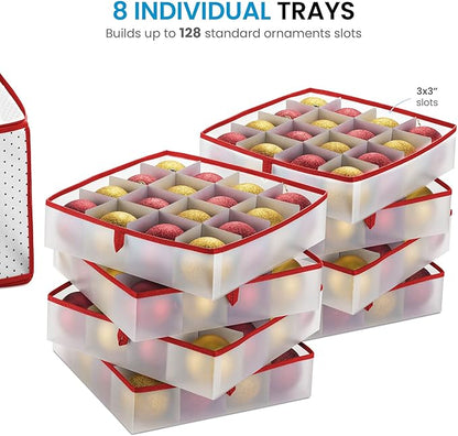 ZOBER Christmas Ornament Storage Box - Stores 128 Ornaments W/ 2 Sided Zipper - Flexible Plastic Christmas Ornament Storage Containers - 3 Inch Cube Compartments - Red