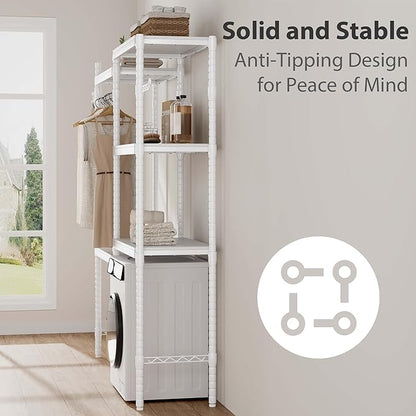30" 5-Tier Over Washer Dryer Storage Shelf, Adjustable Laundry Room Shelves Organizer with Hanging Rod Hooks, Laundry Folding Station Rack for Top Load Machines, White