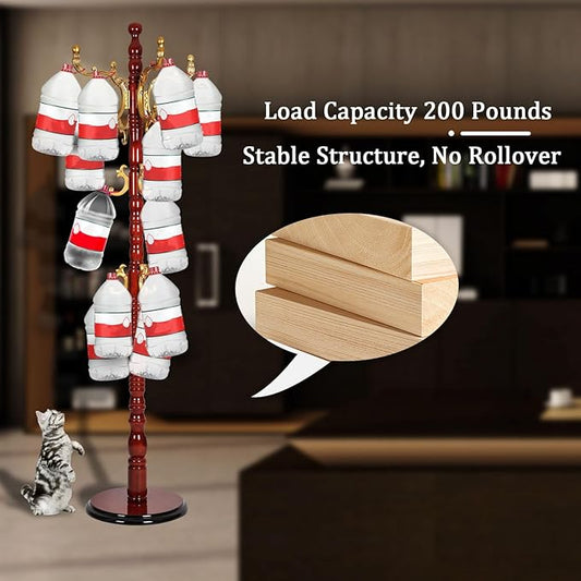 Coat Racks Free Standing with 14 Hooks, Natural Wood Coat Rack with Solid Round Base, Adjustable Height Coat Racks, Easy Assembly for Hallway, Bedroom and Office (Begonia color)