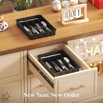 Lifewit Silverware Drawer Organizer Tray, Plastic Cutlery Storage for Kitchen Drawer, Flatware and Utensil Holder Divider for Spoons Forks Knives Tableware, 5 Compartment, Black