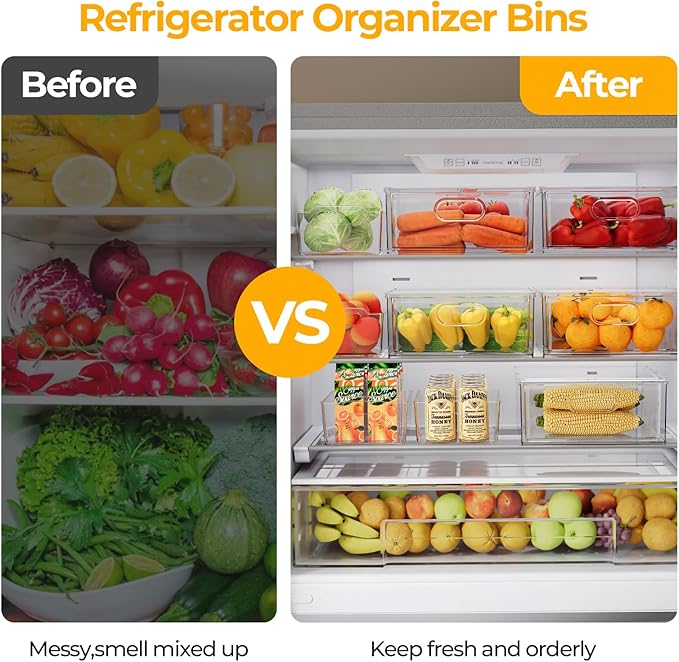 Greenby Refrigerator Organizer Bins with Pull-out Drawer 6 Pack Stackable Clear Fridge Drawer Organizer Fruit Vegetable Storage Containers for Kitchen Pantry Organization (2 Large+4 Medium)