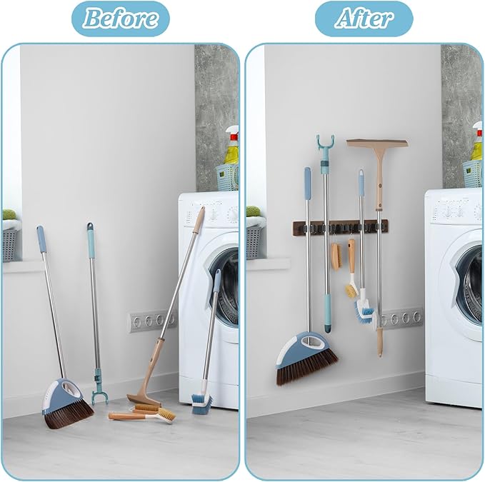 Brown Broom Holder Wall Mount - Heavy Duty Wood Mop and Broom Organizer with 5 Slots & 4 Hooks - Rustic Garden Tool Hanger for Laundry Room Closet Kitchen Garage Storage and Organization