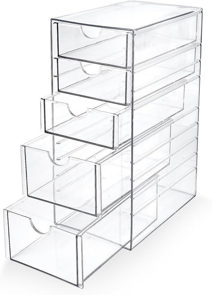 Prsildan Acrylic Drawer Makeup Organizer with 5 Drawers, Hair Accessories Organizer, Office Desk Organization, Clear Stackable Storage Drawers for Vanity, Countertop, Craft, Jewelry